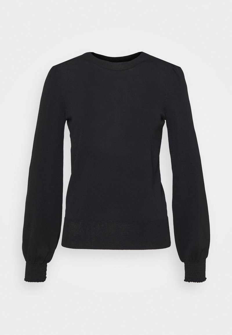 Musta neulepusero, jossa on pitkät liehukevät hihat, pyöreä pääntie ja resorit hihansuissa. Sileä pinta, vartalonmyötäinen siluetti ja ranteissa poimutetut yksityiskohdat.