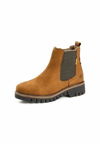 Bruine suede enkellaars met elastische zijpanelen, textuuraccenten en een robuuste rubberen zool. Beschikt over stiksel en een lus voor eenvoudig aan- en uittrekken.