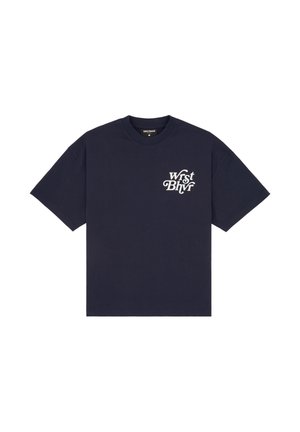 Navy blue short-sleeve T-shirt with white "Wrst Bhvr" text logo on the left chest, crew neck, plain design.