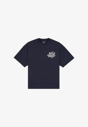 Navy blue short-sleeve T-shirt with white "Wrst Bhvr" text logo on the left chest, crew neck, plain design.