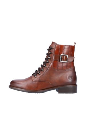 Bottines en cuir marron à lacets sur le devant, panneau arrière texturé, détails de boucle, bout arrondi et talon bas empilé.