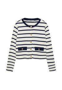 Cardigan rayé blanc et marine, avec un col rond, sept boutons dorés, et deux poches avant à boutons. Longueur raccourcie.