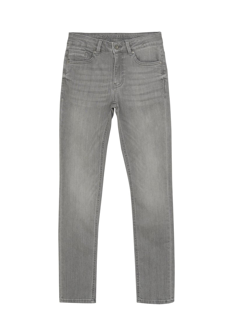 Grå denimjeans med rak skärning, femfickorsdesign, subtil blekning och metallknappdetalj. Har bälteshällor och en märkesmidja.