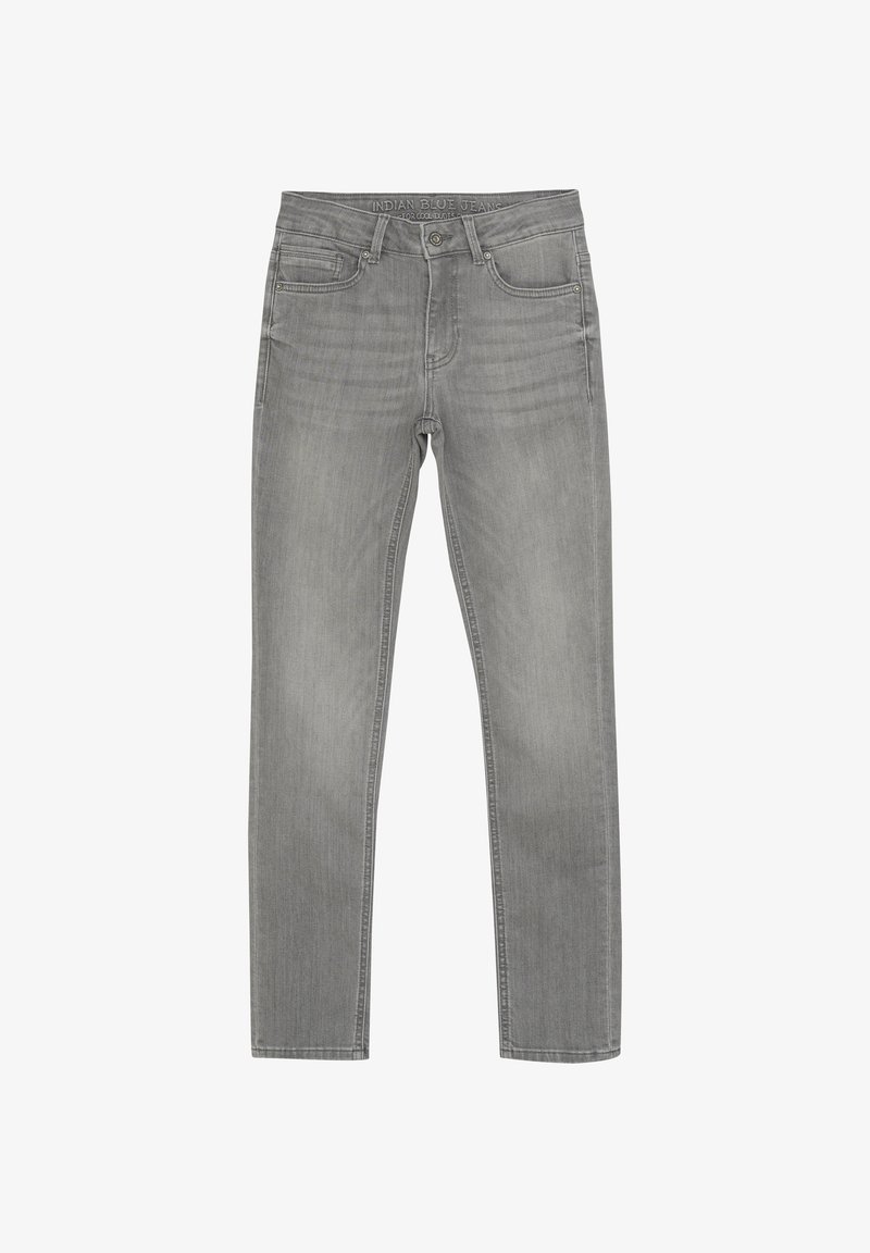 Jeans en denim gris avec une coupe droite, un design à cinq poches, une légère décoloration et un accent en métal sur le bouton. Comprend des passants de ceinture et une taille avec logo.