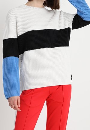 Osoba ubrana w biały sweter z czarnymi i niebieskimi blokami kolorów oraz czerwone spodnie, stojąca na jasnym, jednolitym tle.