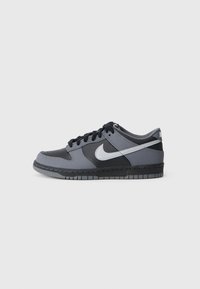 Sive Nike tenisice s crnim akcentima, izrađene od sintetičkih materijala. Imaju zaobljen vrh, vezice i kontrastni logo s bočne strane.