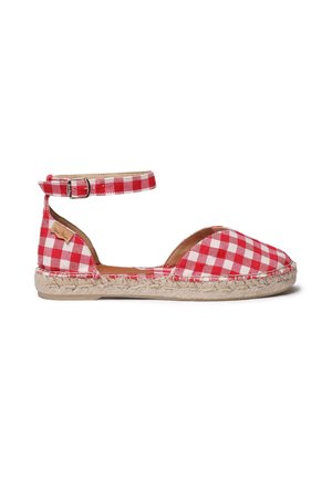 Red and white gingham espadrille flat with ankle strap and jute-wrapped sole.