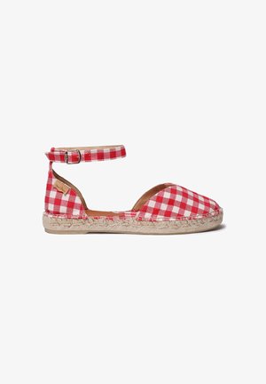 Red and white gingham espadrille flat with ankle strap and jute-wrapped sole.