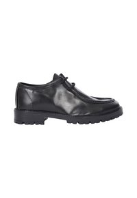 Scarpa in pelle nera con finitura lucida, punta arrotondata, dettaglio di cucitura sollevata e suola in gomma testurizzata per una migliore aderenza. Design classico con lacci.