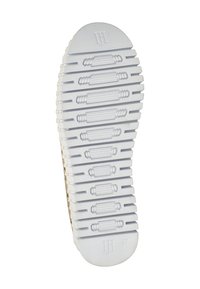 Schoenzool van getextureerd wit rubber, met rechthoekige en ovale profielen, logo 'JH' op de hiel en een licht gebogen vorm.