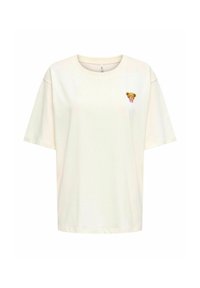 Korte mouwen crèmekleurig T-shirt gemaakt van zachte katoen. Heeft een kleine, geborduurde beer met een roze strik op de linkerborst.