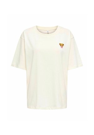 T-shirt crème à manches courtes en coton doux. Présente un petit ours brodé avec un nœud rose sur la zone de gauche de la poitrine.