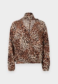 Bluse im Leopardenmuster mit langen Ärmeln, hohem Kragen und tiefem V-Ausschnitt. Hergestellt aus leichtem Stoff und mit einem gerafften unteren Saum.