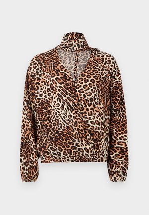 Blusa con stampa leopardata, maniche lunghe, colletto alto e scollatura profonda a V. Realizzata in tessuto leggero, presenta un orlo inferiore arricciato.