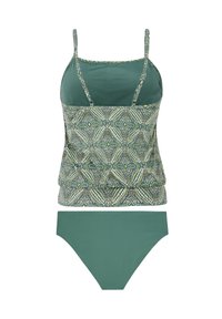 Bikini i två delar med ett mönstrat grönt överdel som har tunna axelremmar och en enfärgad grön underdel. Överdelen har en strukturerad design med detaljer.