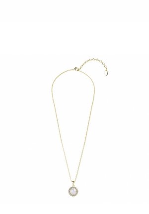 Collana in tono oro con un pendente circolare che presenta una pietra bianca incastonata in una cornice scintillante di pietre. Lunghezza della catena regolabile.