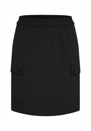 Črna krilo z gladko teksturo, elastičnim pasom in dvema stranskima žepoma z gumbi. Preprost dizajn in ravna obroba.