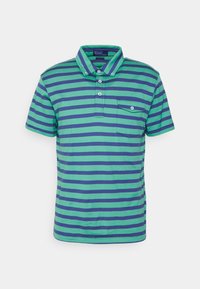 Pruhované polo tričko v zelené a modré barvě s límečkem, dvouknoflíkovou légou, krátkým rukávem a kapsou na levé straně hrudi. Materiál je směs bavlny.