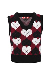 Pulover roșu fără mâneci, având un gât în V, un model de inimă în alb și negru și un tiv dantelate negru. Fabricat dintr-un material tricotat moale.