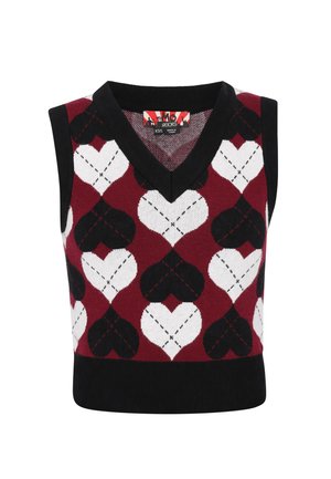 Rød ærmeløs pullover med V-hals, et hjerte mønster i hvid og sort, samt en sort ribbet kant. Lavet af blødt strikkemateriale.