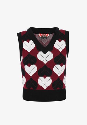 Piros ujjatlan pulóver V-nyakkal, fehér és fekete szívmintával, fekete bordás aljjal. Puha kötött anyagból készült.