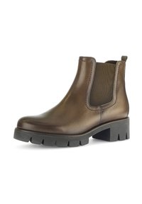 Botte de chelsea en cuir marron à cheville avec panneaux latéraux en élasthanne, semelle texturée et talon bloc de 5 cm, dotée d'une finition lisse et de détails de couture.