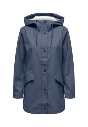 Imperméable bleu à capuche avec boutons-pression à l'avant, cordon de serrage réglable et deux poches à rabat à l'avant, présenté sur fond blanc.