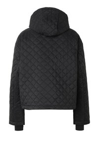 Veste matelassée noire avec capuche, manches longues et poignets côtelés, vue de dos avec un motif de couture en forme de losange.