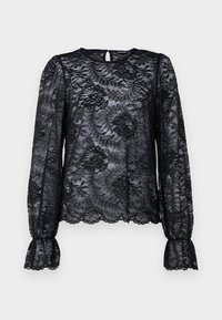 Black lace blouse with long, puffed sleeves and a round neckline. Features floral patterns and a keyhole detail at the back. Textured lace finish.