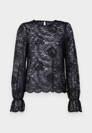 Blusa de renda negra com mangas longas e bufantes e decote redondo. Apresenta padrões florais e um detalhe em gota nas costas. Acabamento texturizado em renda.