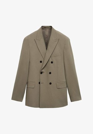 Doppelt gefütterte Blazer aus hellbraunem Stoff mit Nadelstreifen, verfügt über schwarze Knöpfe, zwei Fronttaschen und ein Reversdesign.