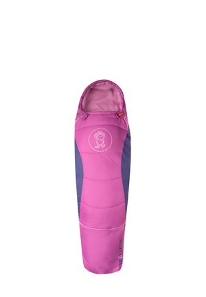 Pink and purple mummy-style sleeping bag with a hood and a small Norwegian flag tag on the side.