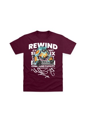 Maroon cotton t-shirt featuring a graphic design with the word "REWIND" and an illustration of a robotic character, accented with white text and signature.