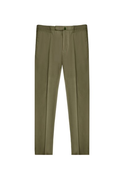 Pantalones de vestir color caqui con una textura suave, corte recto y cierre de cremallera en la parte frontal. Presentan un sutil acento verde en la cinturilla.