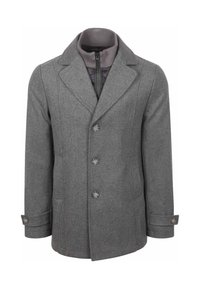 Grijze wollen jas met een reverskraag, vijf knopen aan de voorkant en zijzakken. Voorzien van een geribbelde binnenkraag en een textuurstoffen.