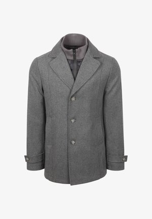 Grijze wollen jas met een reverskraag, vijf knopen aan de voorkant en zijzakken. Voorzien van een geribbelde binnenkraag en een textuurstoffen.