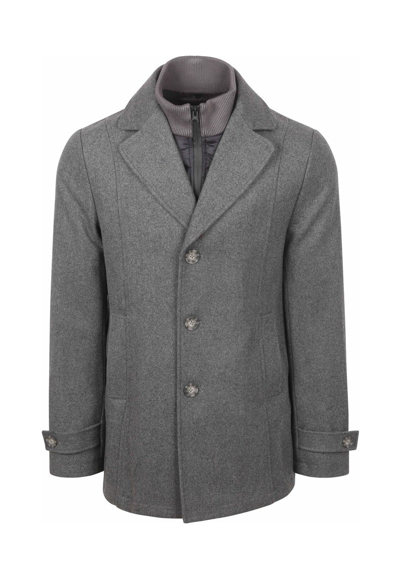Grijze wollen jas met een reverskraag, vijf knopen aan de voorkant en zijzakken. Voorzien van een geribbelde binnenkraag en een textuurstoffen.