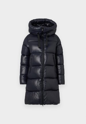 Doudoune noire avec un col montant, présentant un extérieur en nylon brillant, des manches longues, une fermeture éclair et deux poches latérales zippées.