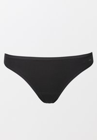 Zwarte katoenen string met een gladde textuur, elastische tailleband en minimalistisch ontwerp. Heeft subtiele stikdetails en geen zichtbare patronen.