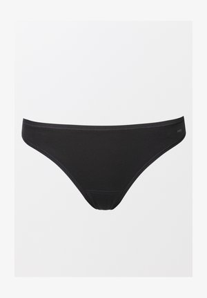 Zwarte katoenen string met een gladde textuur, elastische tailleband en minimalistisch ontwerp. Heeft subtiele stikdetails en geen zichtbare patronen.