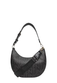 Borsa a spalla in pelle nera con logo "VALENTINO" in rilievo, forma semicosferica, tracolla regolabile e dettagli in metallo dorato.