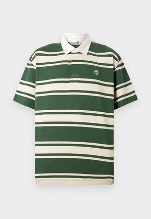 Grøn- og hvidstribet kortærmet poloskjorte med en hvid krave og Timberland-logo på venstre bryst.