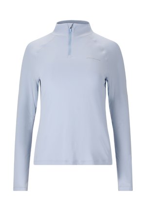 Hellblaues langärmeliges Sportoberteil mit Viertelreißverschluss und hohem Kragen, dezentem Mesh-Einsatz unter den Armen und kleinem "Endurance"-Logo auf der Brust.