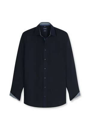 Langärmeliges dunkelblaues Hemd mit Knöpfen, einer Brusttasche und gemustertem Innenkragen und Manschetten.