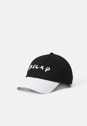 Black cotton cap with contrasting white brim. Decorative "REC-A-P" text in colorful embroidery on the front. Adjustable strap at the back.