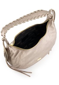 Metallic gold handbag featuring a braided handle, zip closure, and textured exterior. Interior lined in black with a logo pattern.
