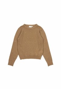 Brązowy sweter dzianinowy z okrągłym dekoltem i długimi rękawami, z małymi, równomiernie rozmieszczonymi ozdobami na całej powierzchni materiału.