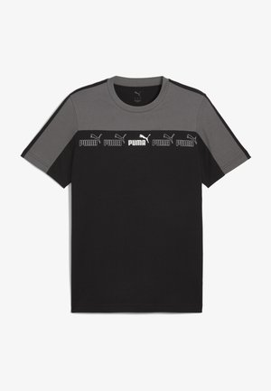 Black and gray short-sleeve T-shirt with a round neck, featuring a repeated white 'PUMA' logo across the chest and smooth cotton texture.