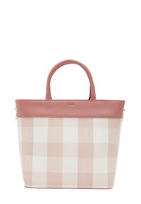 Pink-weiße karierte Stofftasche mit Kunstlederakzenten und zwei Obergriffen. Verfügt über ein strukturiertes Design und goldene Hardware.
