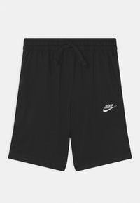 černé sportovní kraťasy s elastickým pasem a šňůrkou. Na levé straně je stříbrné logo Nike. Hladký textilní povrch.
